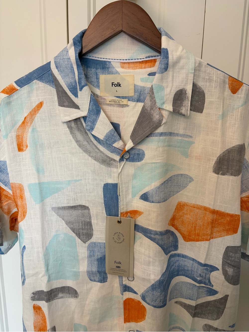 Folk Short-Sleeve Abstract Linen blend Shirt — White/Blue/Orange/Gray